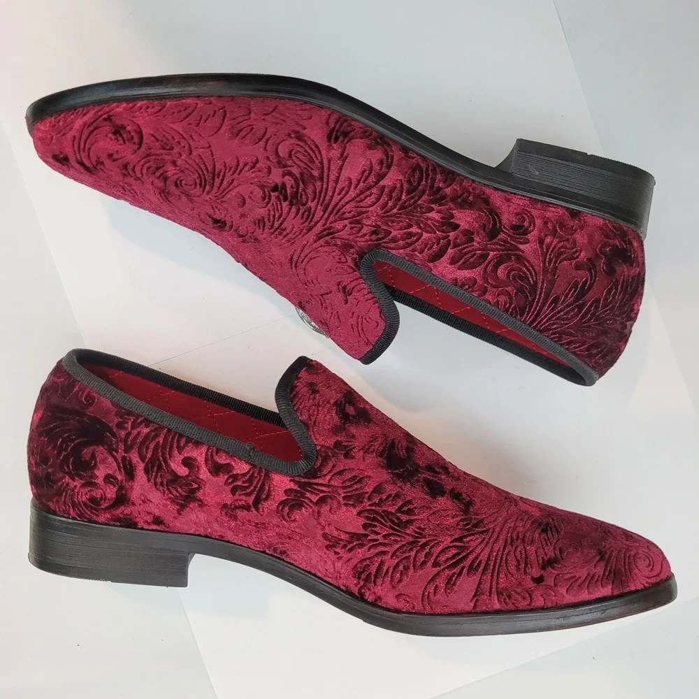 Enzo Romeo Loafers Mens 6.5 Burgundy Velvet Floral Damask Embossed Dress Shoes